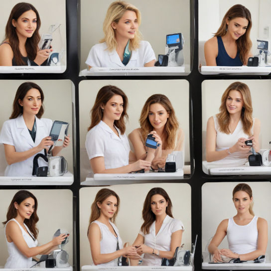 A vibrant collage of celebrities sharing beauty tips while checking blood pressure with stylish monitors.