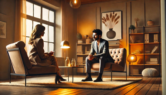 A modern, well-lit therapy office with a warm, calming ambiance.