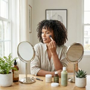 A glamorous celebrity applying natural makeup in front of a mirror with some eco-friendly beauty products on the table